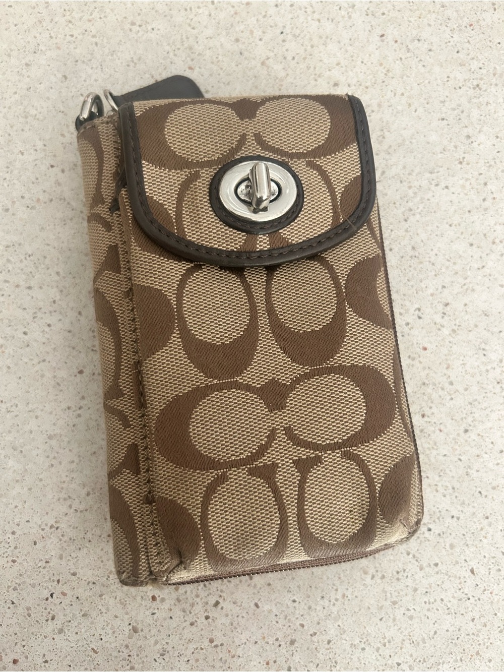 Coach Tan & Brown Signature Canvas Phone Wallet with Turn-Lock
